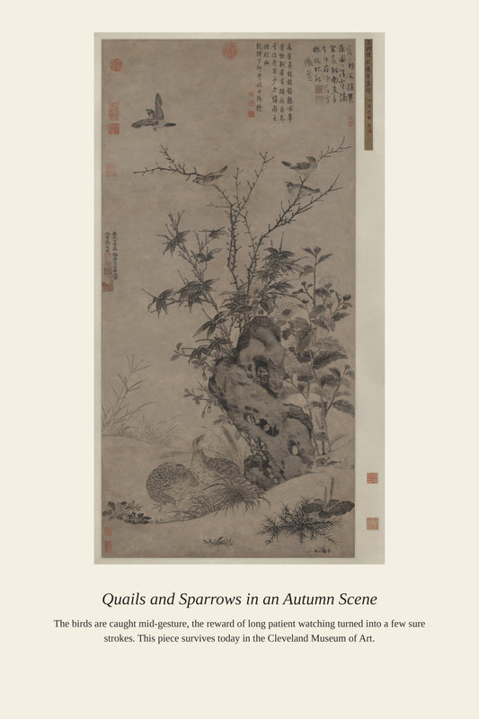 Quails and Sparrows in an Autumn Scene - Antique Natural History Print