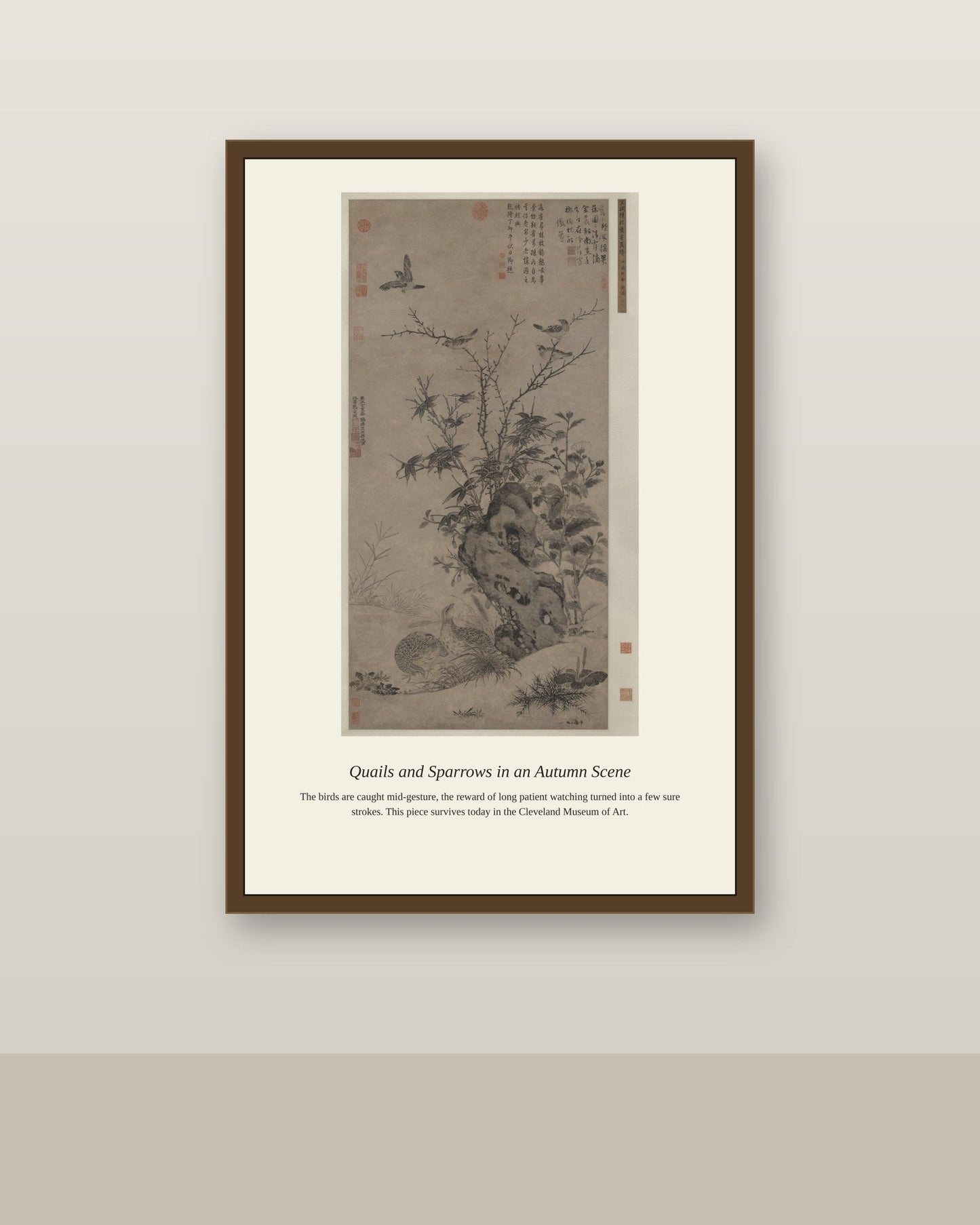 Quails and Sparrows in an Autumn Scene antique natural history print shown framed on a wall in a styled room