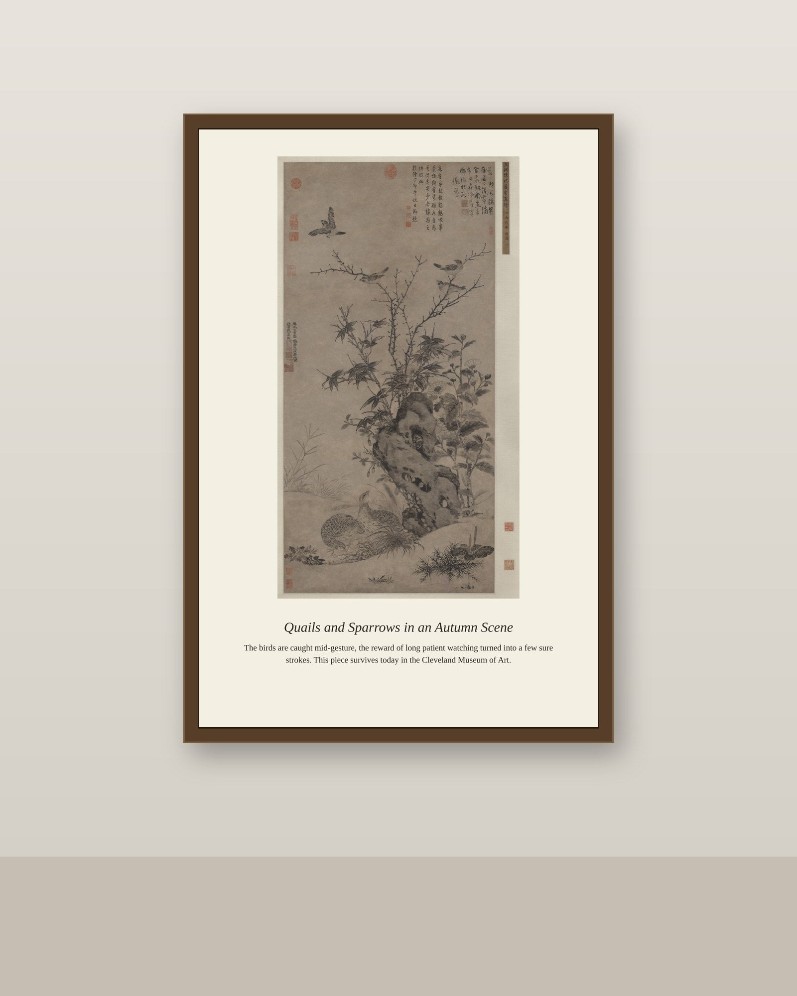 Quails and Sparrows in an Autumn Scene antique natural history print shown framed on a wall in a styled room