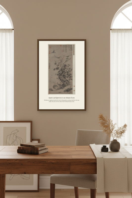 Quails and Sparrows in an Autumn Scene — Antique Natural History Print