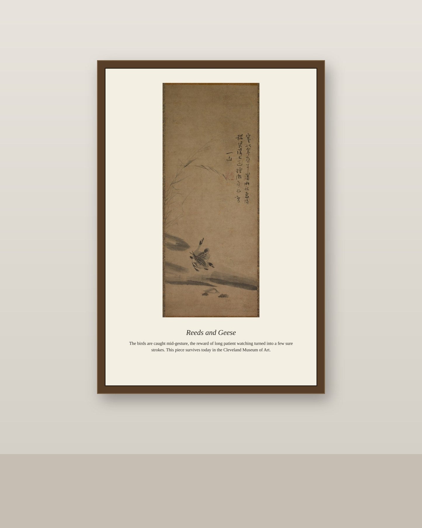 Reeds and Geese antique natural history print shown framed on a wall in a styled room