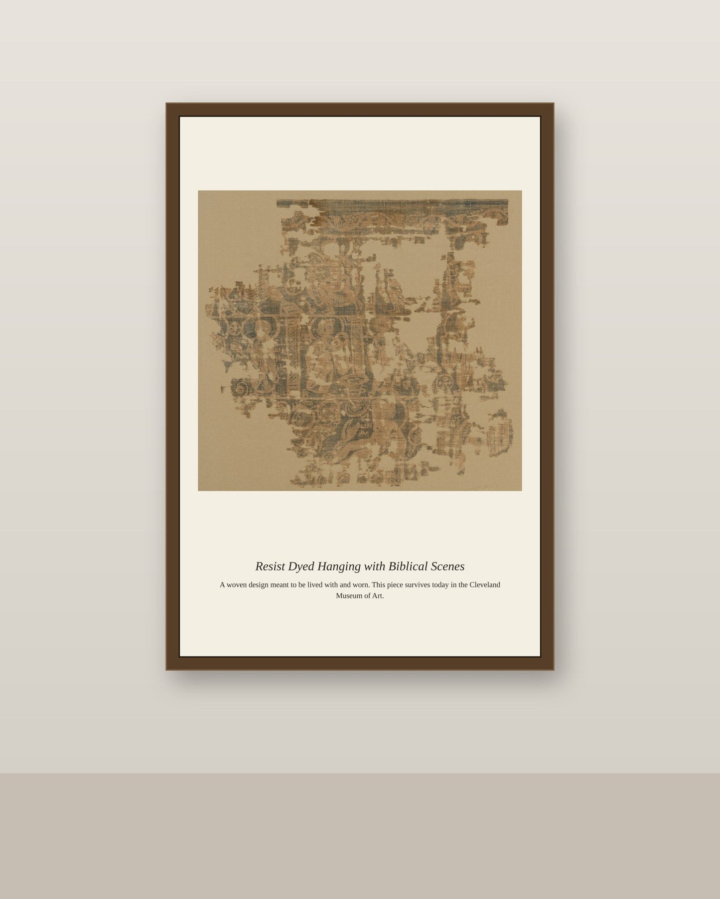 Resist Dyed Hanging with Biblical Scenes antique religious art print shown framed on a wall in a styled room