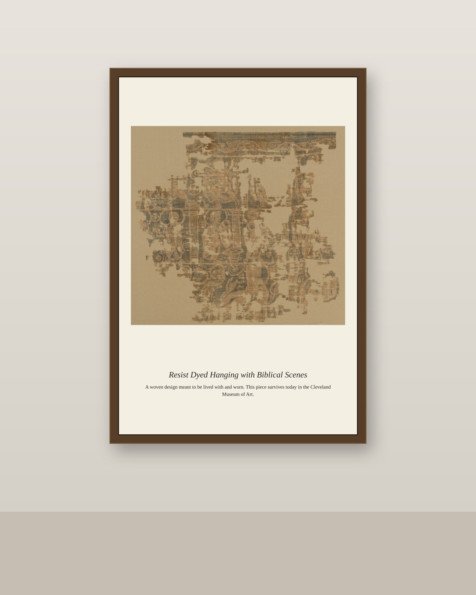 Resist Dyed Hanging with Biblical Scenes antique religious art print shown framed on a wall in a styled room