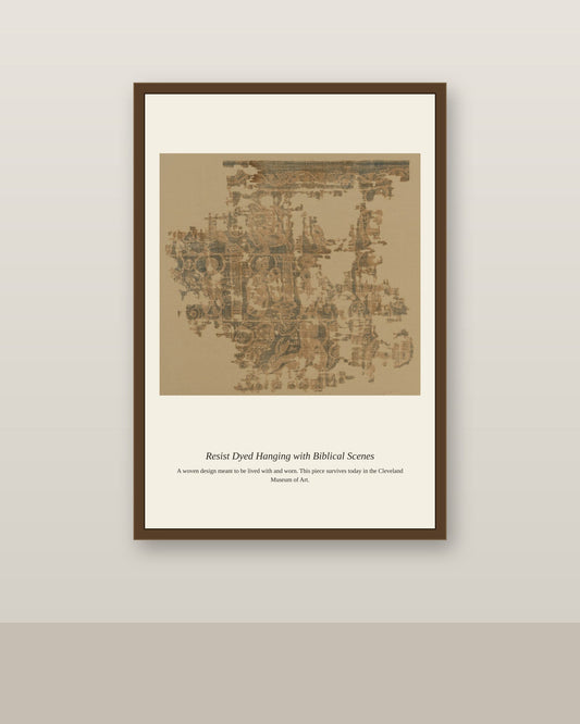 Resist Dyed Hanging with Biblical Scenes antique religious art print shown framed on a wall in a styled room