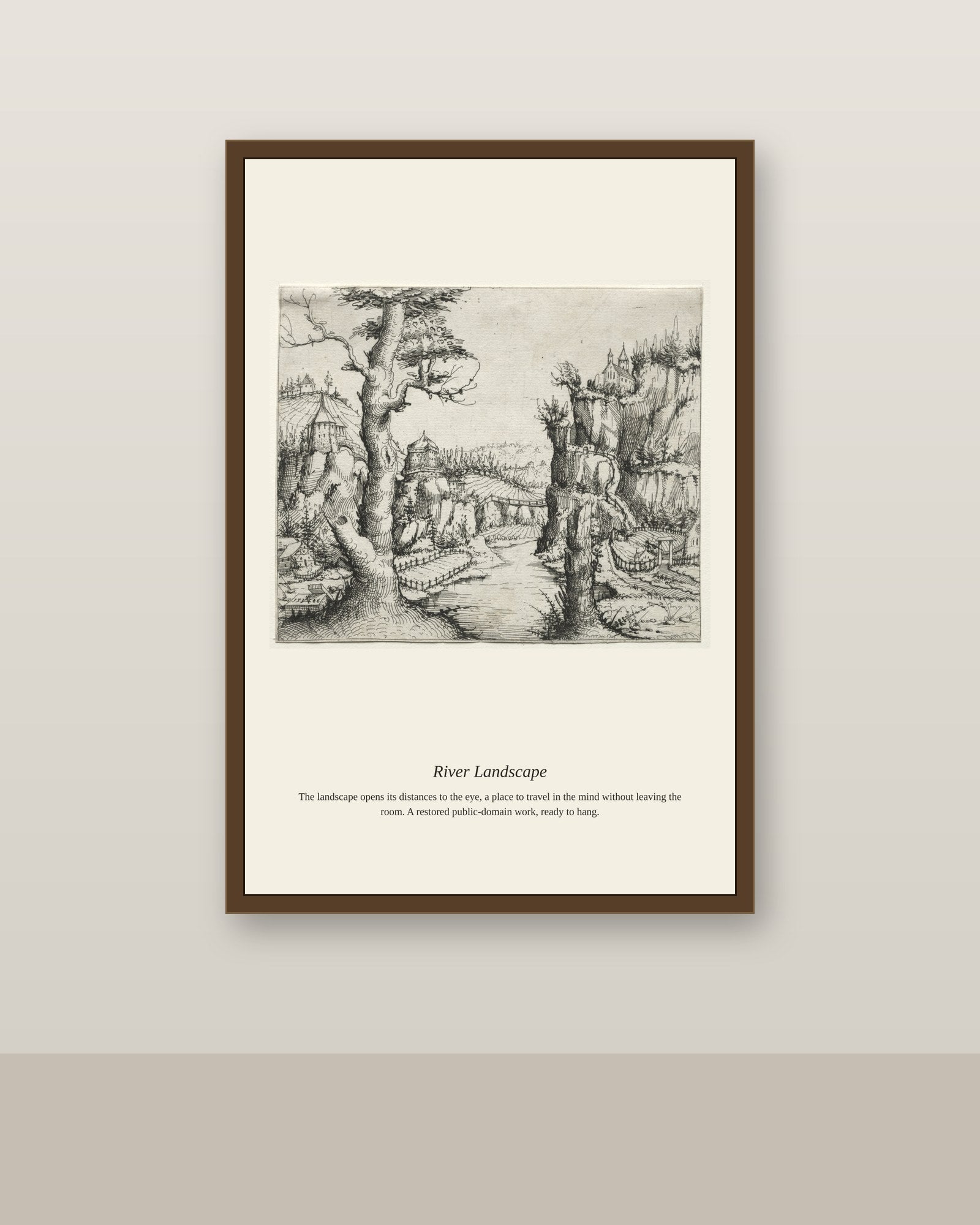 River Landscape antique landscape print shown framed on a wall in a styled room