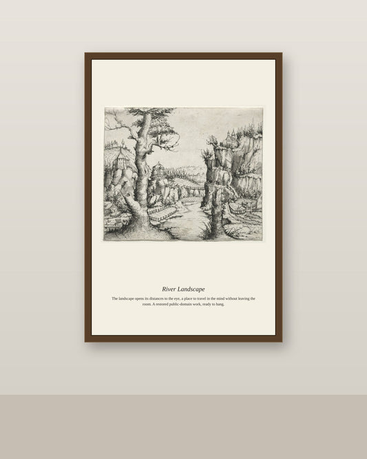 River Landscape antique landscape print shown framed on a wall in a styled room