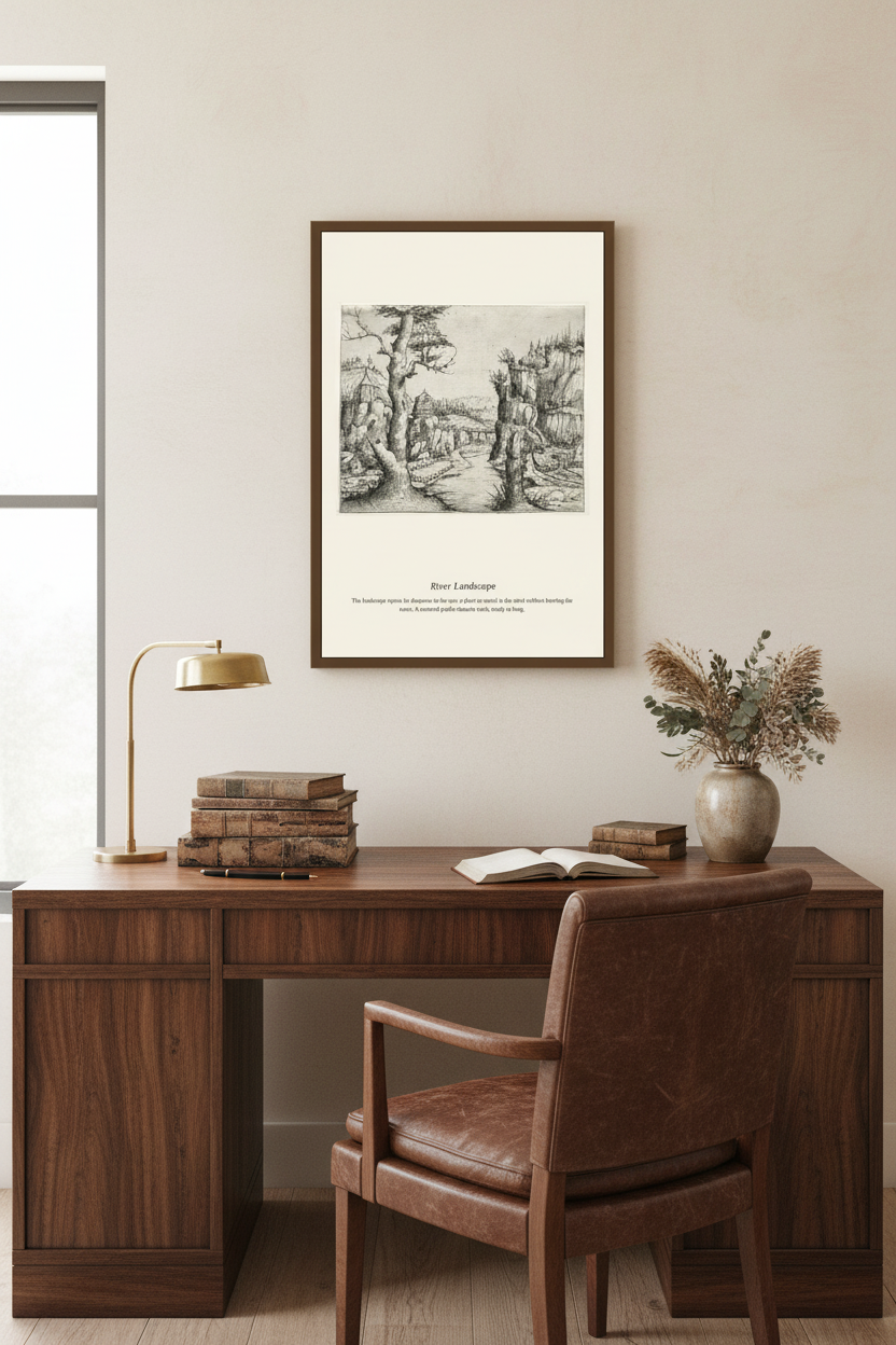 A framed black-and-white landscape art print hangs on a beige wall above a dark wood desk with a leather chair, lamp, books, and a vase of dried grasses.