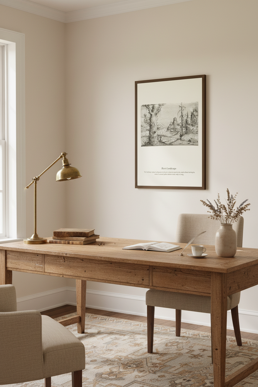 A styled home office scene featuring a light oak wood writing desk with drawers, accompanied by a beige upholstered chair. On the desk are a brass desk lamp, books, and an open notebook.