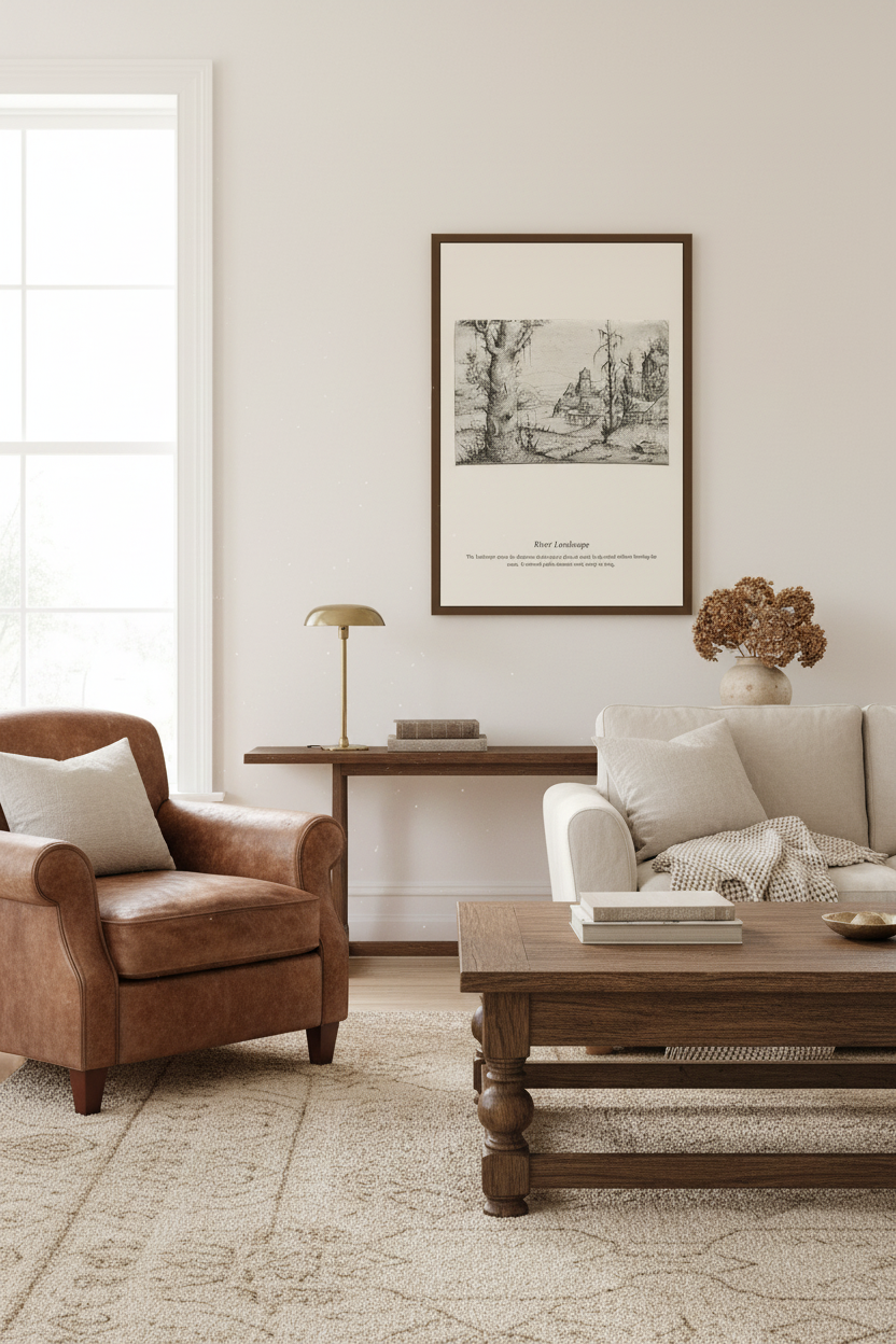 A framed black and white art print titled 'Bed and Breakfast' hangs on a light beige wall in a styled living room with a brown leather armchair, a wooden coffee table, and a white sofa.