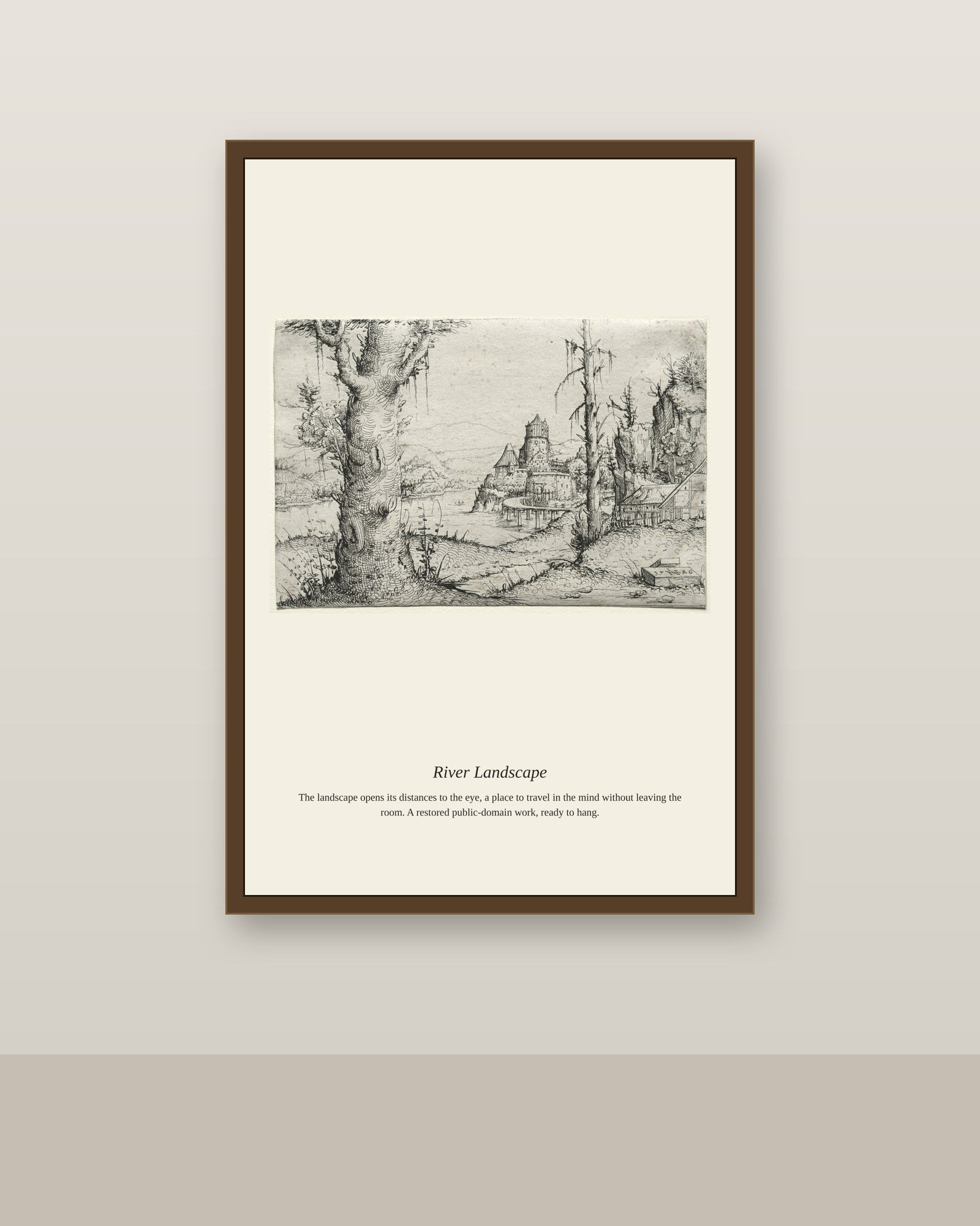 River Landscape (2) antique landscape print shown framed on a wall in a styled room