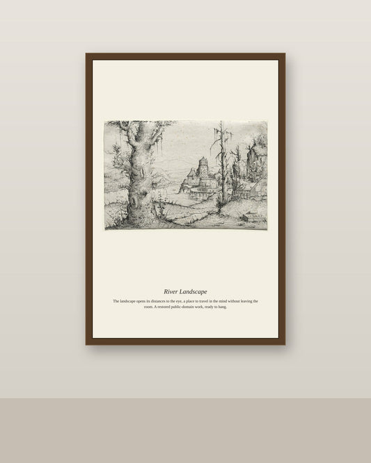 River Landscape (2) antique landscape print shown framed on a wall in a styled room