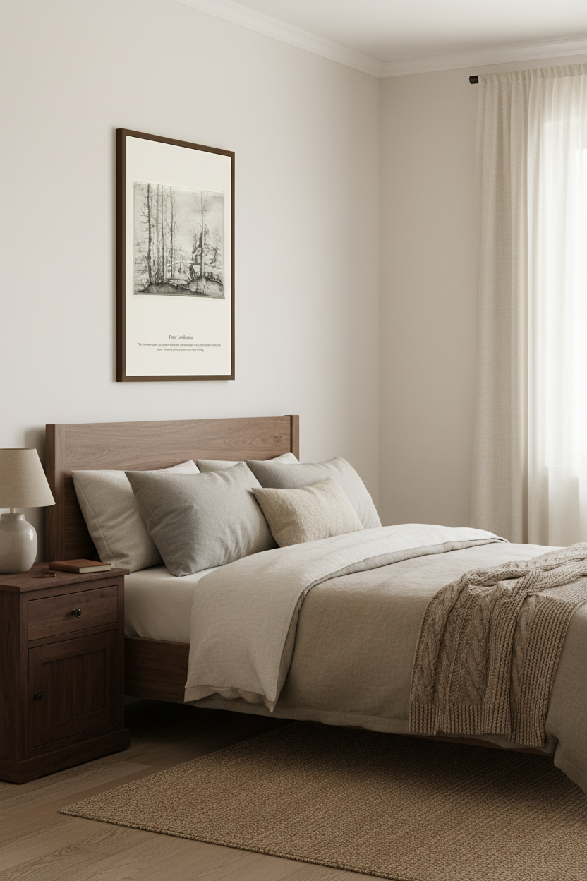 A minimalist bedroom scene featuring a neatly made bed with beige and white linens, a wooden headboard and nightstand, a framed black-and-white landscape print on the wall, and soft natural light from a window with sheer curtains.