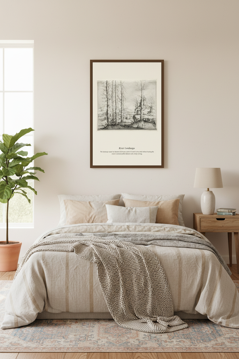 A framed black and white forest art print hangs on a beige wall above a neatly made bed in a bright, modern bedroom with a wooden nightstand, lamp, and potted plant.