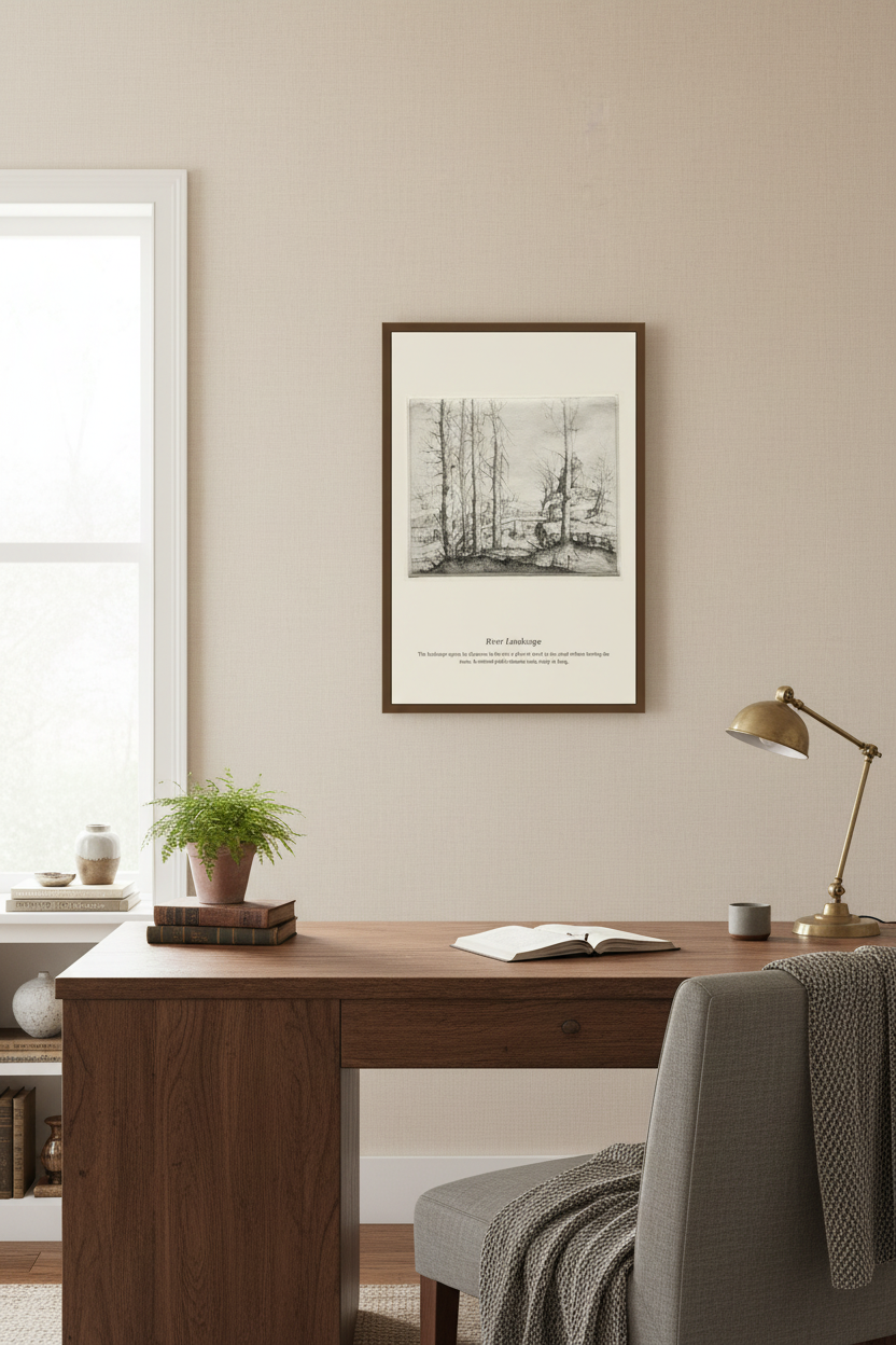 A framed black and white art print titled 'Art Direction' hangs on a beige wall above a wooden desk with a plant, open book, and desk lamp.