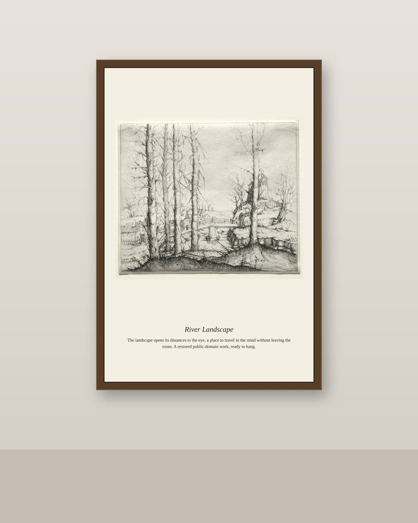 River Landscape (3) antique landscape print shown framed on a wall in a styled room