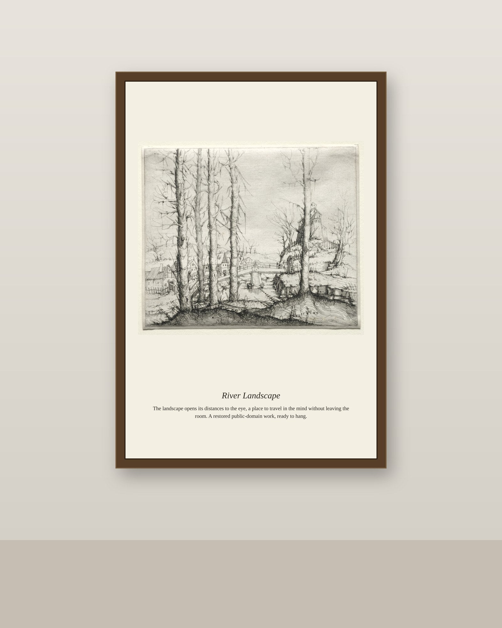 River Landscape (3) antique landscape print shown framed on a wall in a styled room