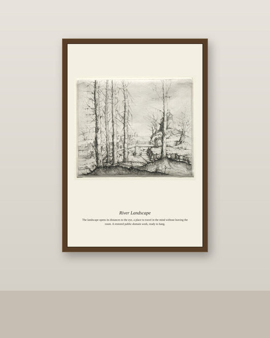 River Landscape (3) antique landscape print shown framed on a wall in a styled room