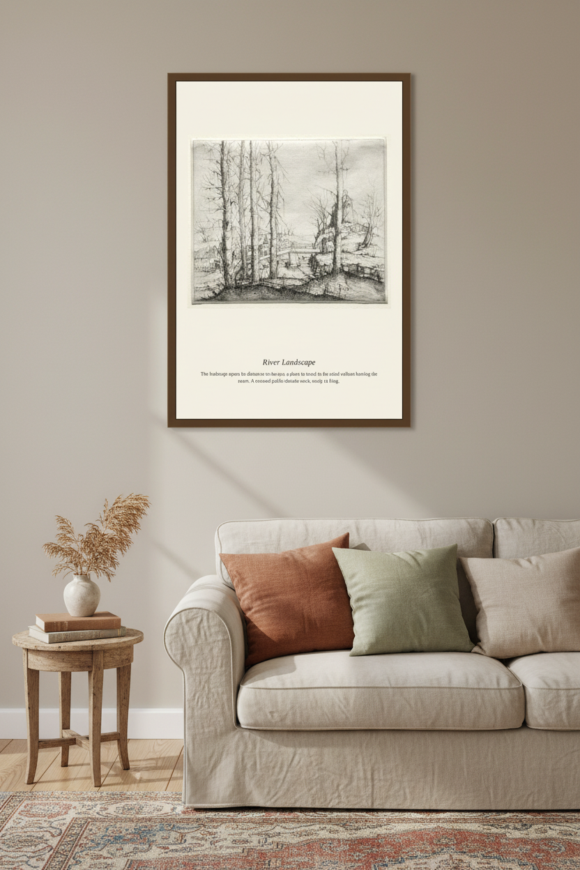 A framed black and white sketch landscape print titled 'River Landscape' with descriptive text below, displayed on a beige wall above a light-colored sofa with decorative pillows in a styled living room setting.