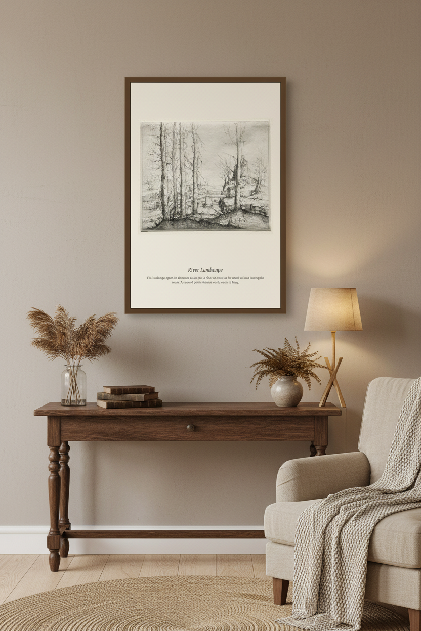 A framed art print featuring a black and white sketch of a forest scene with a boat, titled 'Rust Landage', displayed on a beige wall above a wooden console table in a styled living room setting.