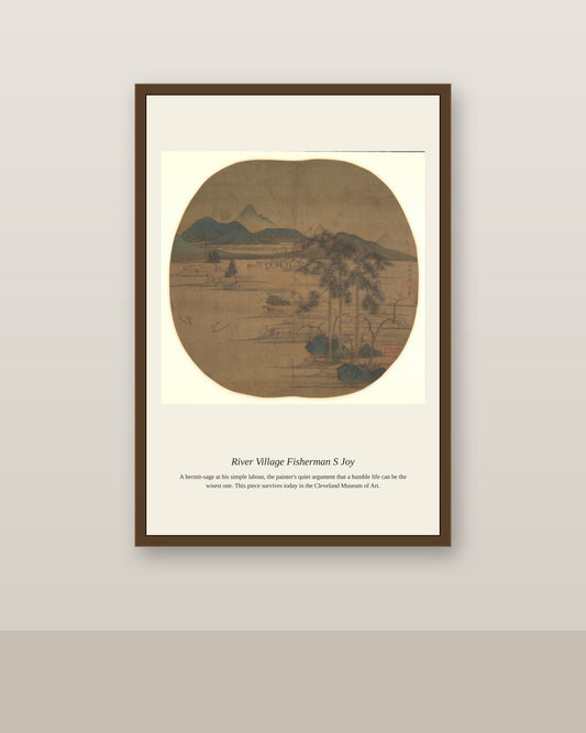 River Village Fisherman's Joy antique map print shown framed on a wall in a styled room