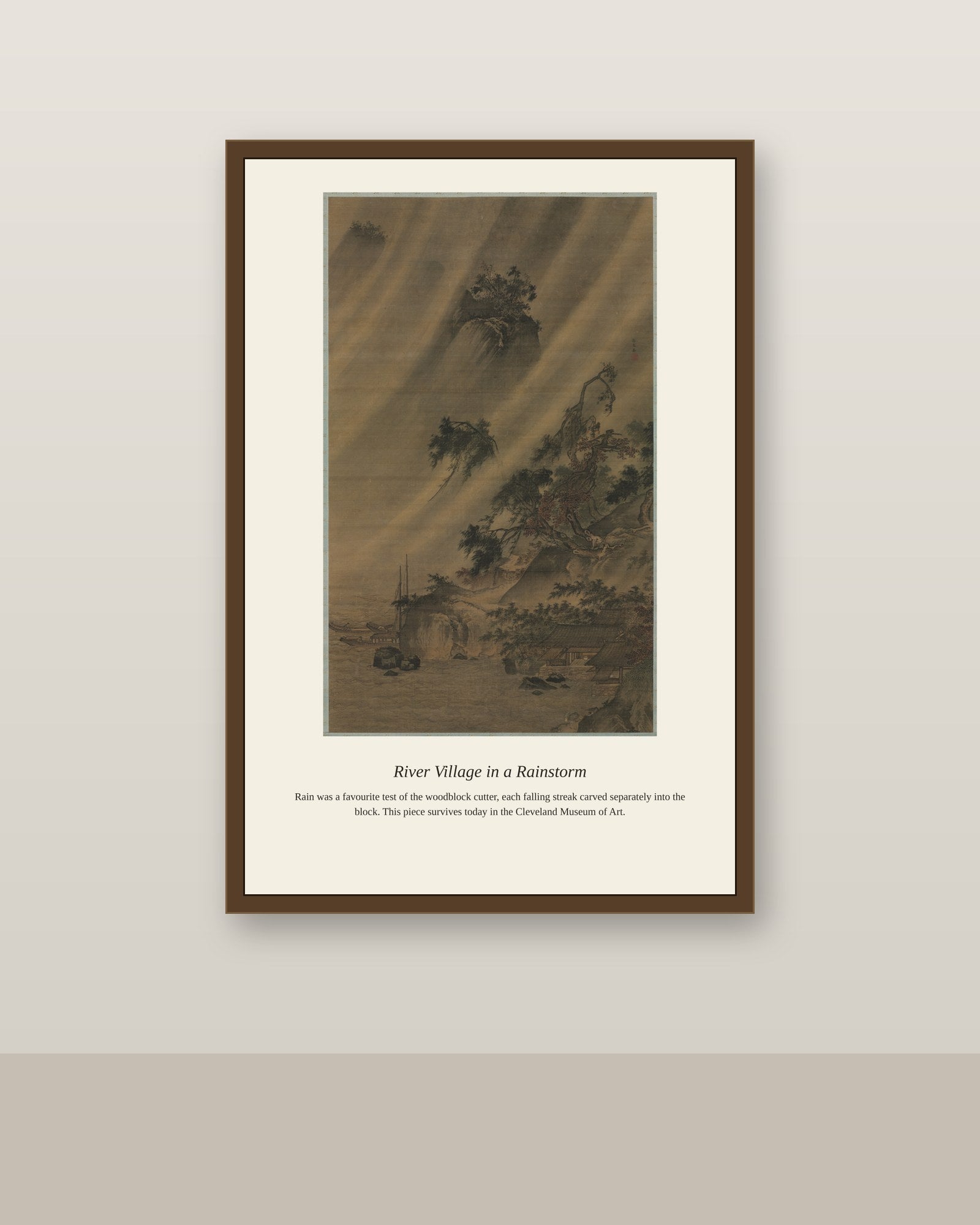 River Village in a Rainstorm antique map print shown framed on a wall in a styled room