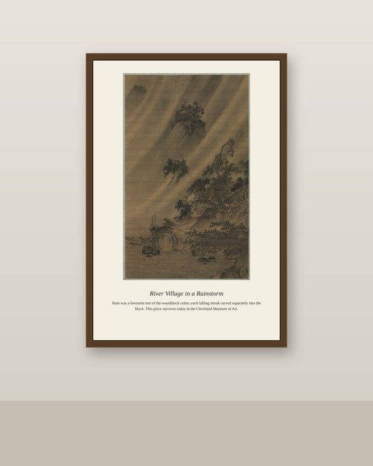 River Village in a Rainstorm antique map print shown framed on a wall in a styled room