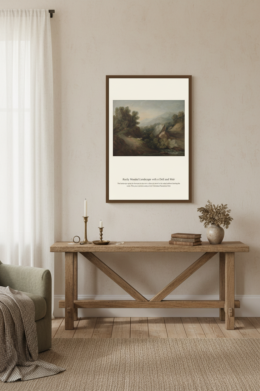 Rocky Wooded Landscape with a Dell and Weir — Antique Landscape Print