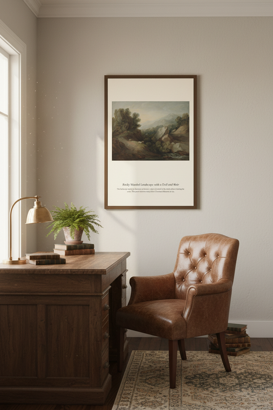 Rocky Wooded Landscape with a Dell and Weir — Antique Landscape Print