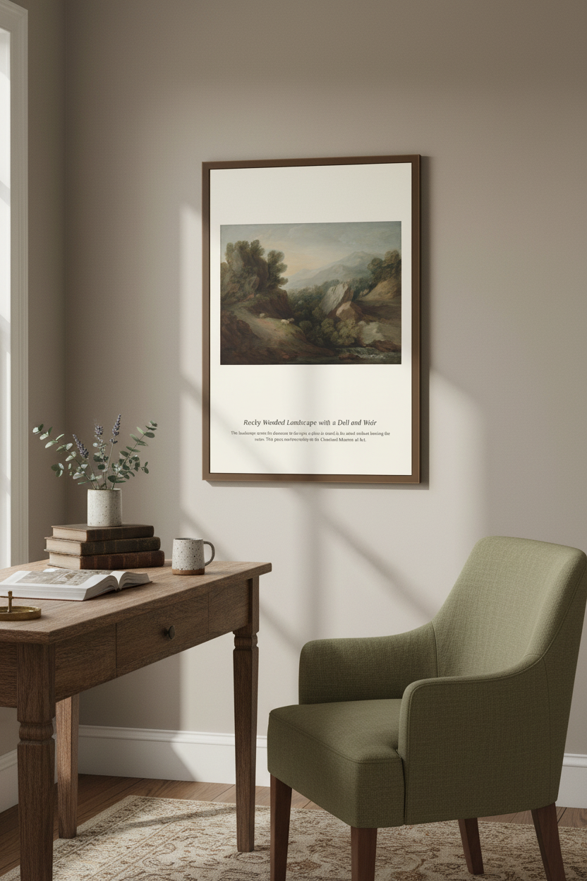 Rocky Wooded Landscape with a Dell and Weir — Antique Landscape Print