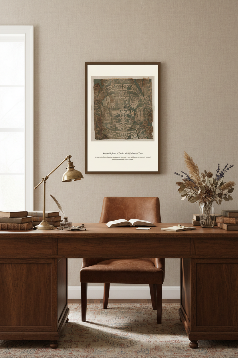 A framed art print featuring an antique map of Jerusalem hangs on a beige wall in a styled bedroom setting above a wooden nightstand and next to a bed with neutral-toned bedding.