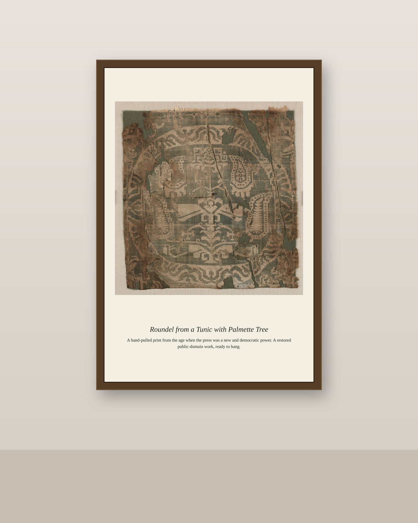 Roundel from a Tunic with Palmette Tree (2) antique art — antique print shown framed on a wall in a styled room