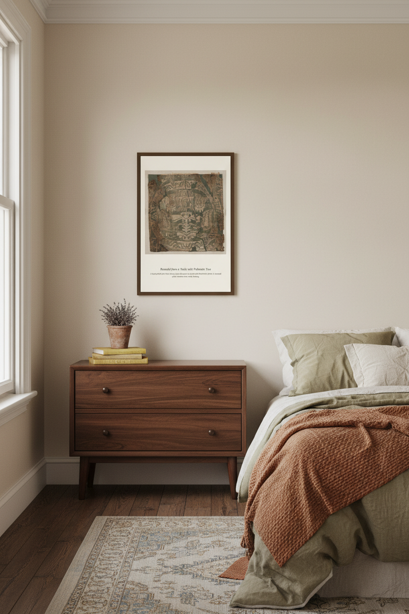 A framed art print featuring an antique map of Jerusalem hangs on a warm beige wall in a styled bedroom. The room includes a dark wood nightstand with a small plant and books, a bed with neutral-toned bedding and a rust-colored throw blanket, and a patterned rug on dark wood floors.
