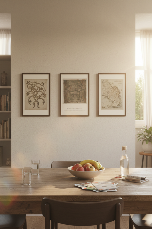 Three framed vintage-style art prints hang on a beige wall above a wooden dining table with a bowl of fruit, glasses, and a bottle in a softly lit home interior.