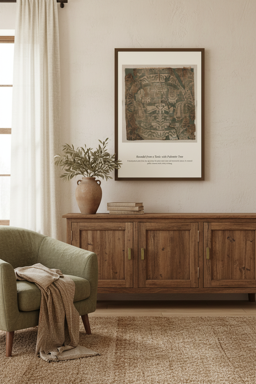 A framed art print featuring an antique map of Jerusalem hangs on a beige wall in a styled bedroom setting next to a wooden nightstand and a bed with neutral-toned bedding.