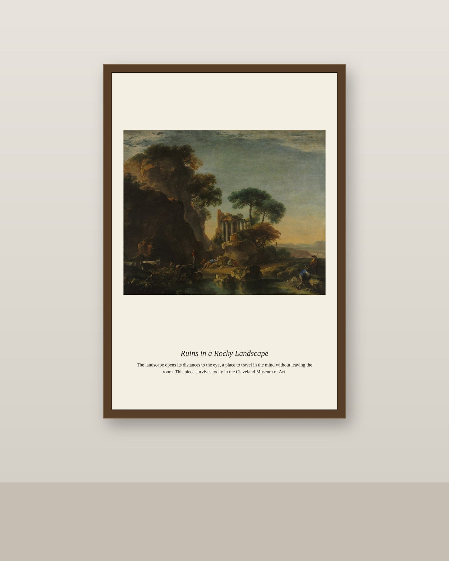 Ruins in a Rocky Landscape antique landscape print shown framed on a wall in a styled room