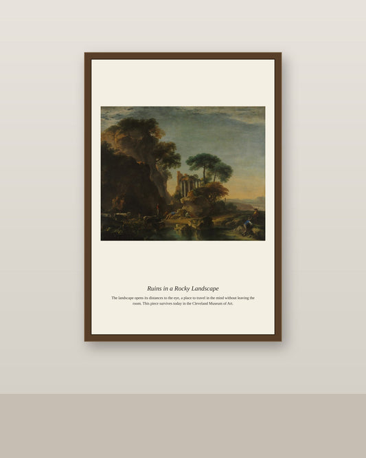 Ruins in a Rocky Landscape antique landscape print shown framed on a wall in a styled room