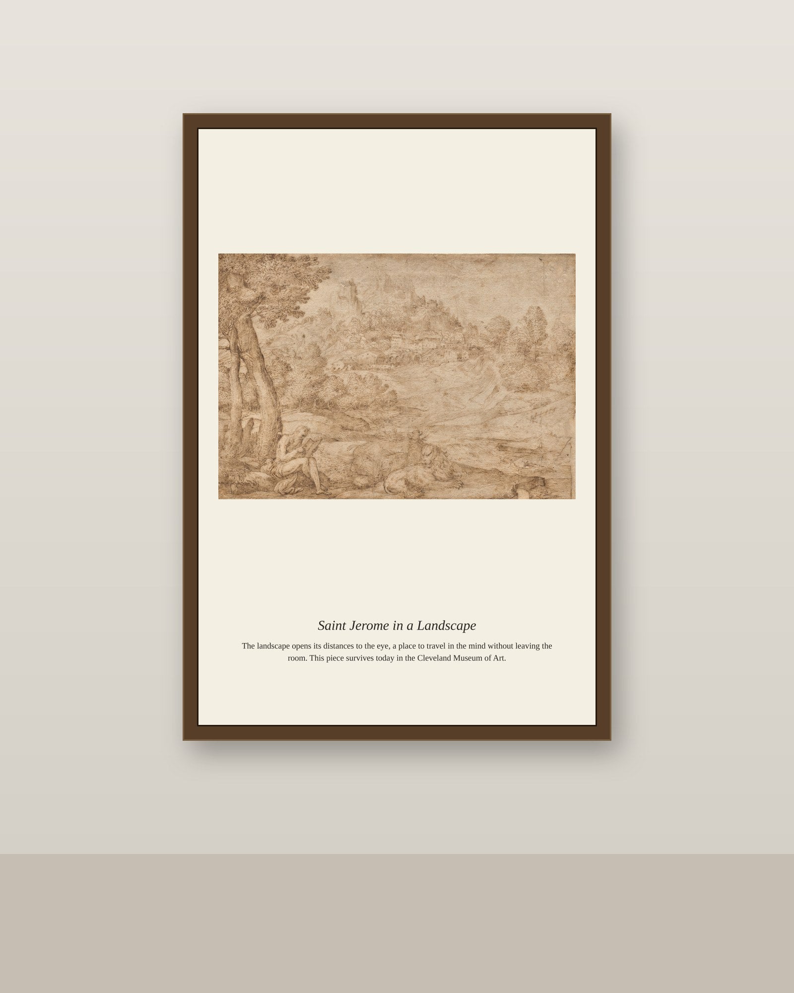 Saint Jerome in a Landscape antique religious art print shown framed on a wall in a styled room