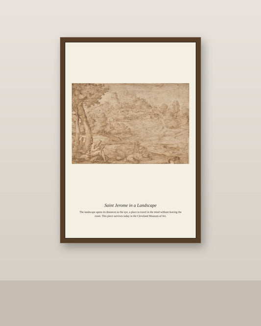 Saint Jerome in a Landscape antique religious art print shown framed on a wall in a styled room