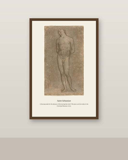 Saint Sebastian antique religious art print shown framed on a wall in a styled room