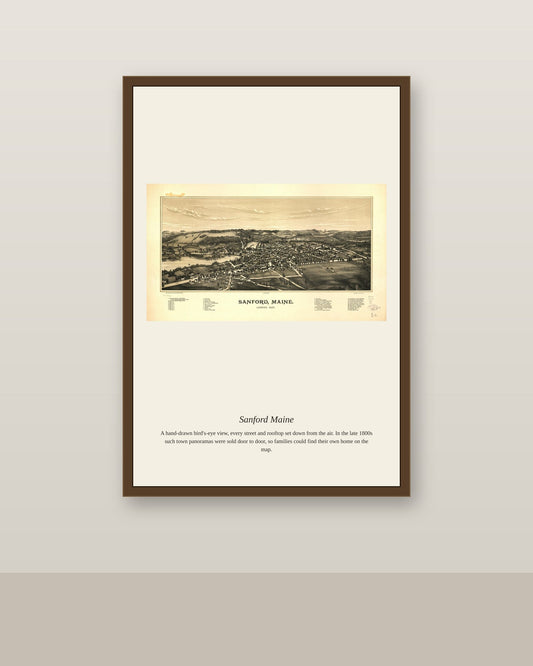 Sanford Maine antique map print shown framed on a wall in a styled room