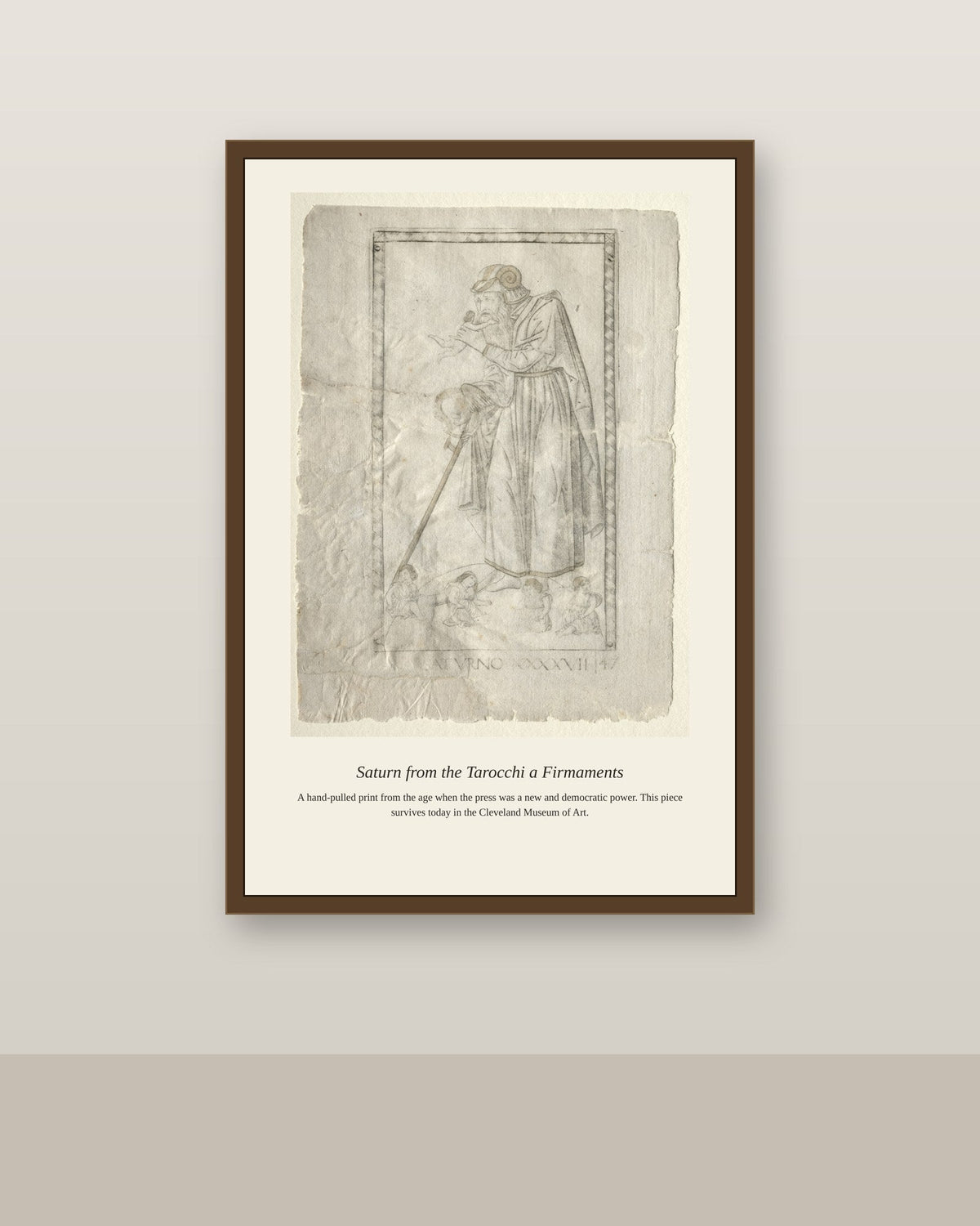 Saturn, Mantegna Tarocchi antique celestial print shown framed on a wall in a styled room