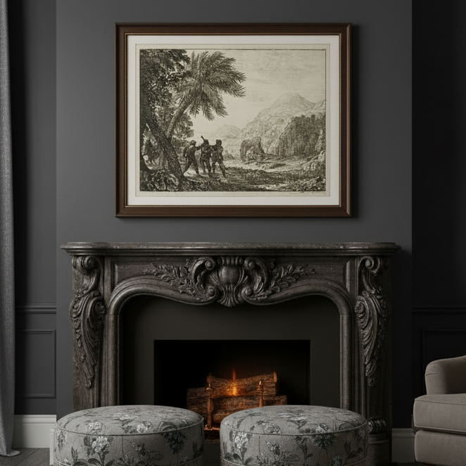 A styled interior scene with a dark fireplace, two round upholstered ottomans, a gray armchair with a leopard-print pillow, curtains, a framed landscape print above the fireplace, and a mounted deer head on the wall.