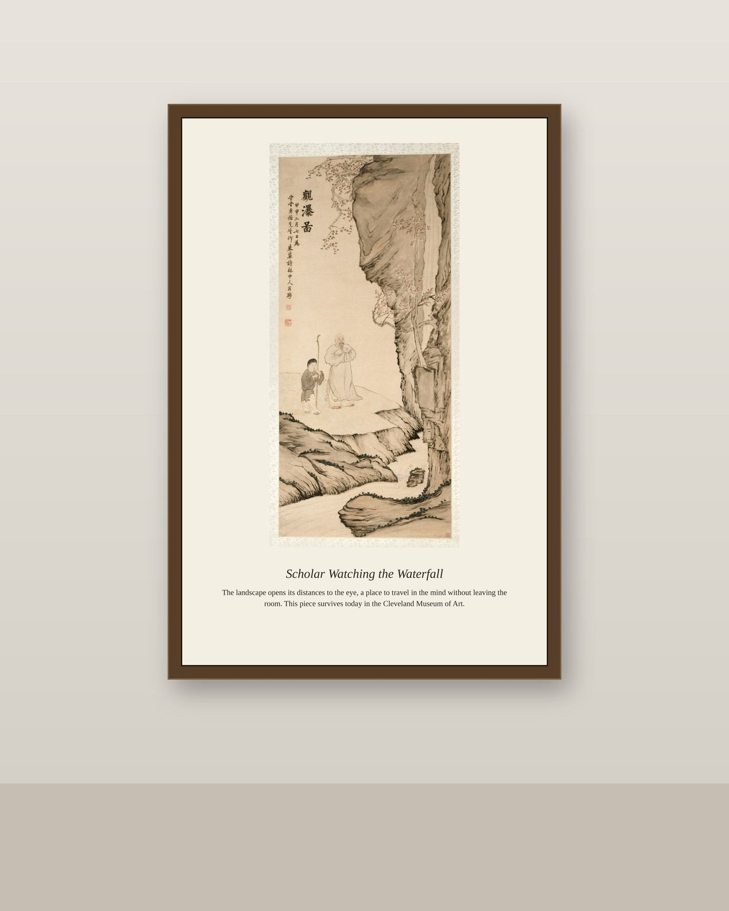 Scholar Watching the Waterfall antique landscape print shown framed on a wall in a styled room