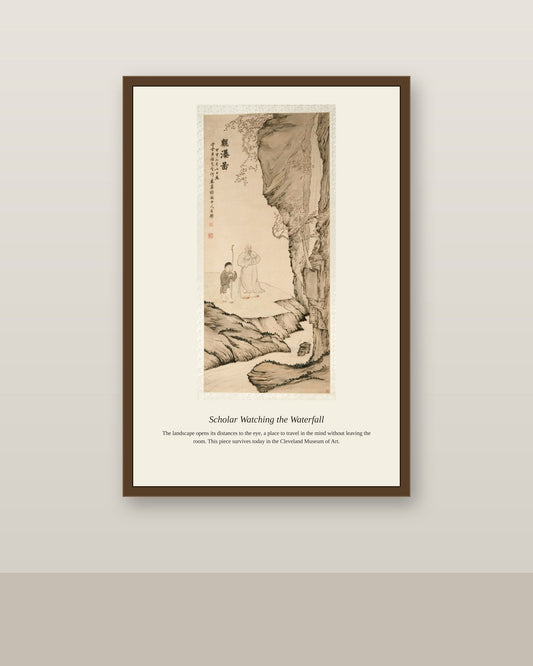 Scholar Watching the Waterfall antique landscape print shown framed on a wall in a styled room