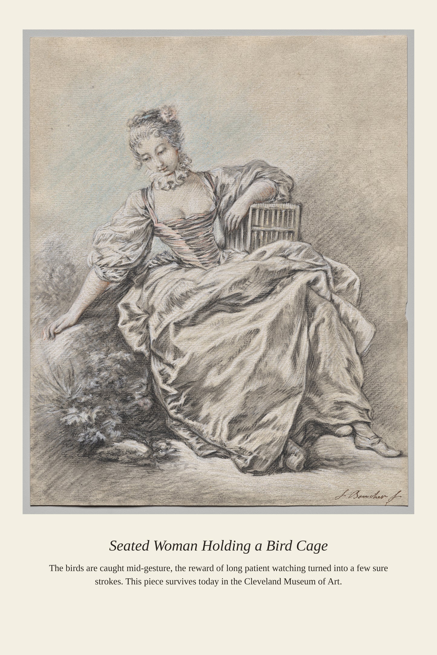 Seated Woman Holding a Bird Cage - Antique Natural History Print