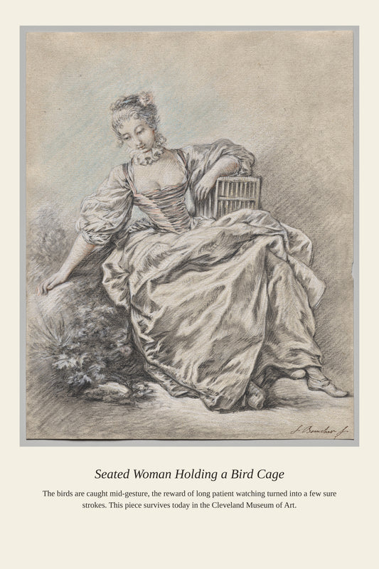 Seated Woman Holding a Bird Cage - Antique Natural History Print