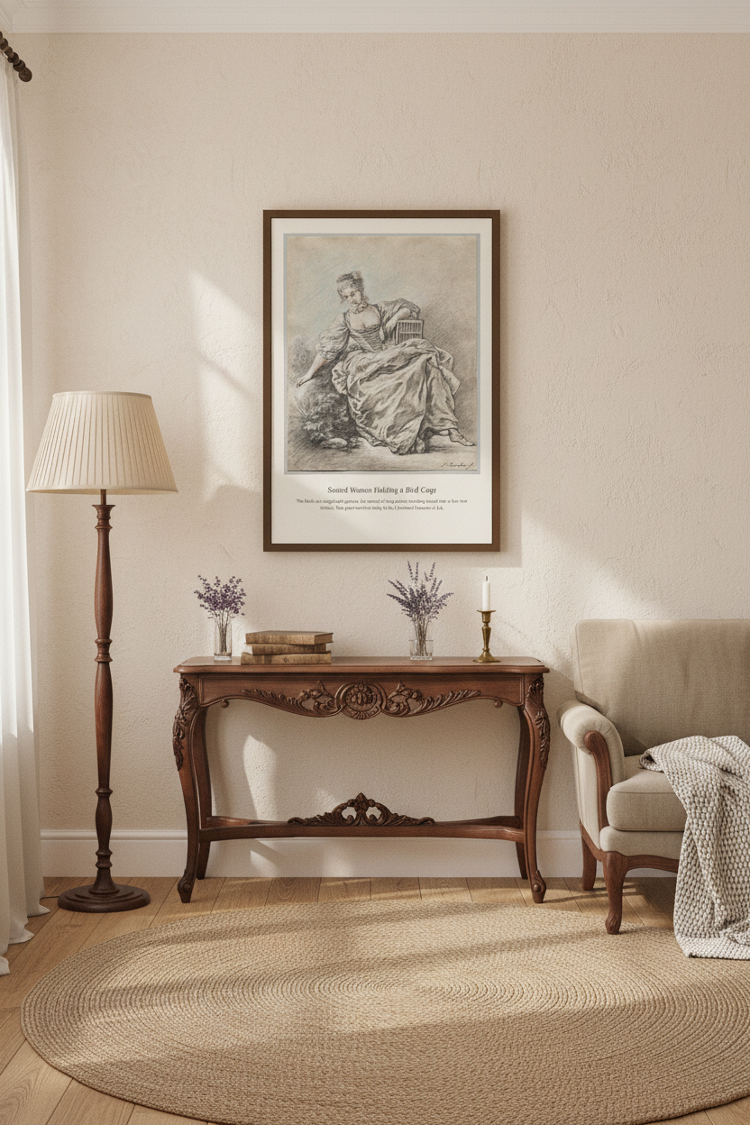 Seated Woman Holding a Bird Cage — Antique Natural History Print