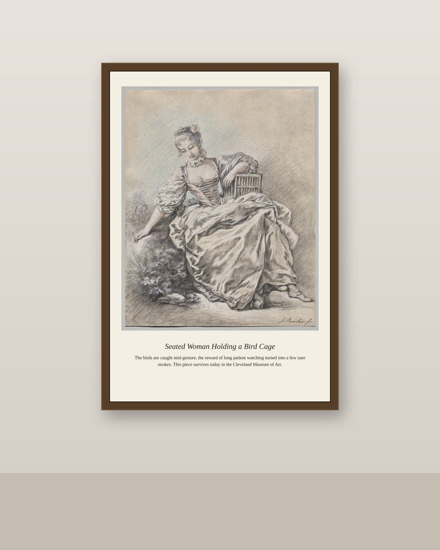 Seated Woman Holding a Bird Cage antique natural history print shown framed on a wall in a styled room