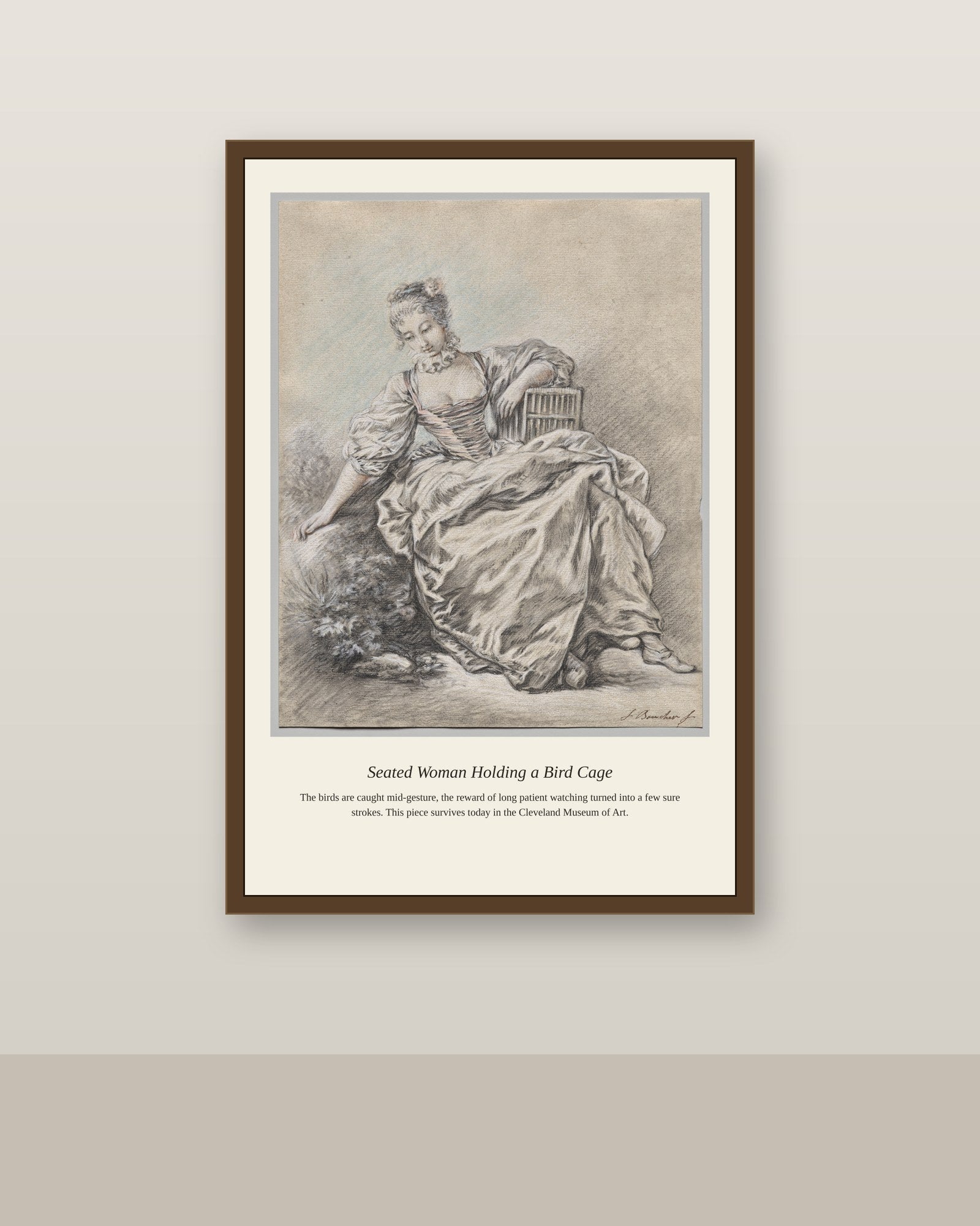 Seated Woman Holding a Bird Cage antique natural history print shown framed on a wall in a styled room