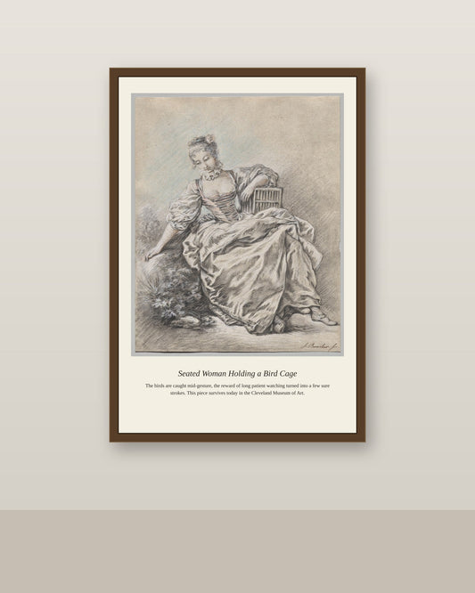 Seated Woman Holding a Bird Cage antique natural history print shown framed on a wall in a styled room